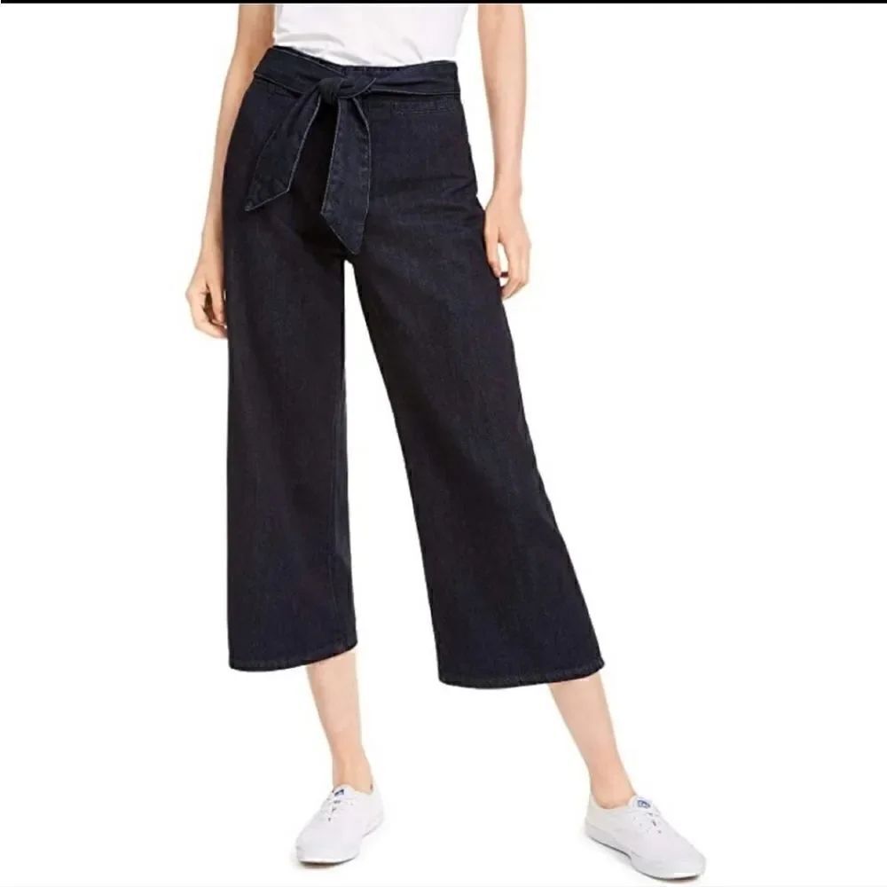 OAT New York Wide Leg Mid Rise Tie Waist Dark Rinse Jeans Size 25